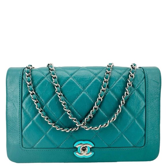 Chanel  Bi Vintage Full Flap Medium Quilted Crumpled Leather Crossbody Bag Aqua - Picture 1 of 13